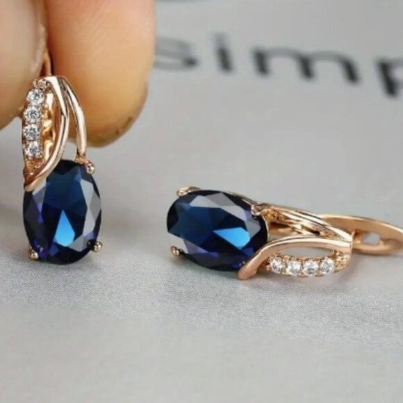 18k Gold Plated Water Drop Sapphire Diamond Earrings - Picture 2 of 4